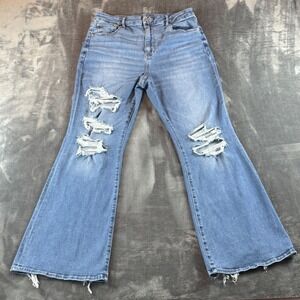 American Eagle Woman's Jeans Curvy Super High Rise Flare Size 14R Distressed